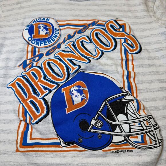 Vtg 1992 Denver Broncos Youth T-Shirt Single Stitch Heather Gray Striped 90s NFL - Picture 8 of 12